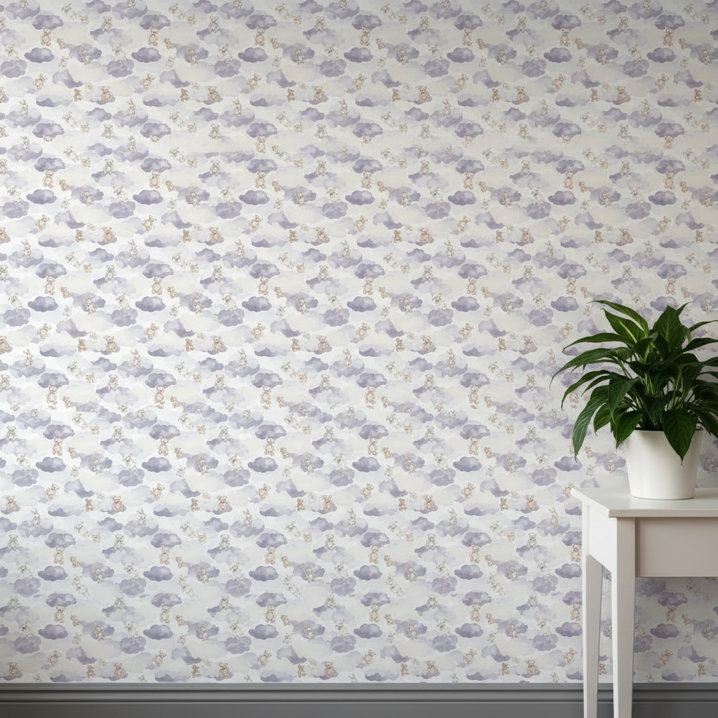 Lavender Cloud Nursery Wallpaper, Stuffed Animal Pattern, Watercolor Baby Decor, Soft Neutral Seamless Design