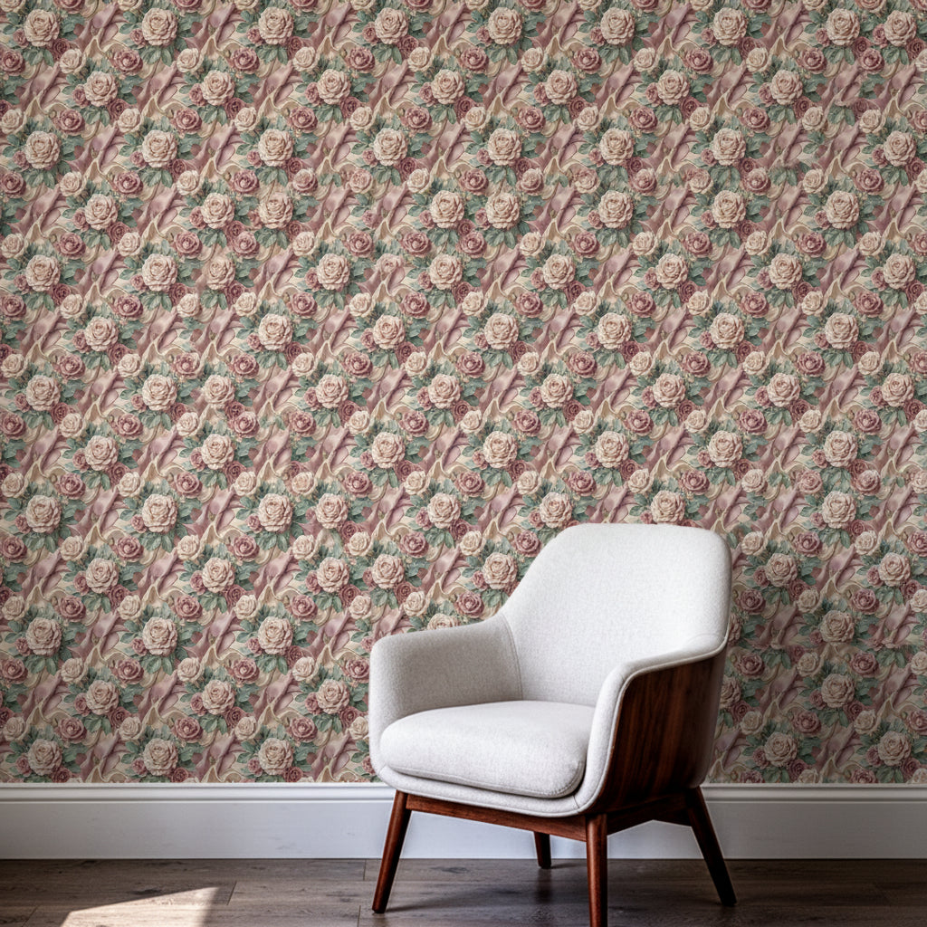 Champagne Silk Bow Wallpaper, Dusty Rose Floral Seamless Pattern, Luxury Botanical Wall Decor, Realistic Fabric Texture Peel and Stick