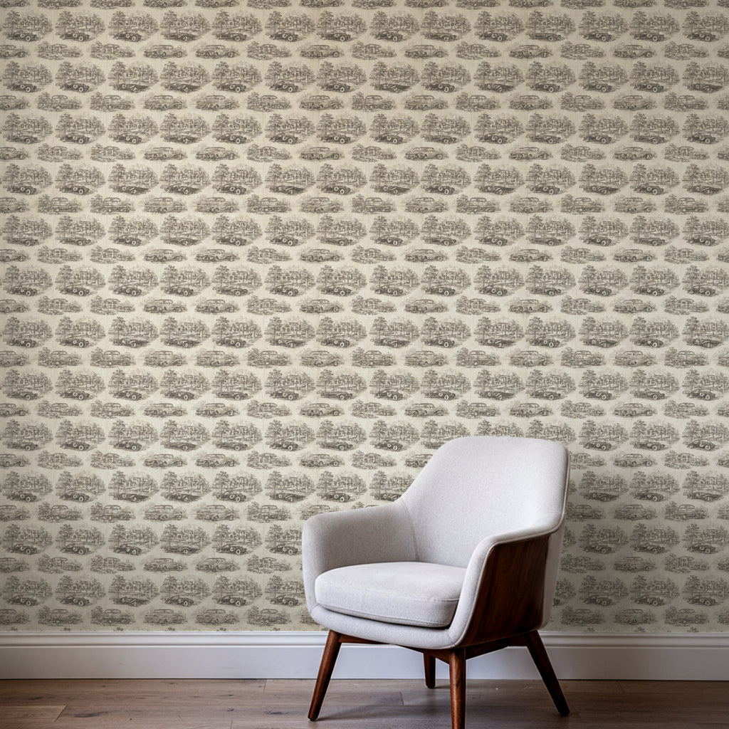 Vintage Car Toile Wallpaper, Charcoal and Cream Seamless Pattern, Luxury Classic Roadster Wall Decor, High End Realistic Peel and Stick