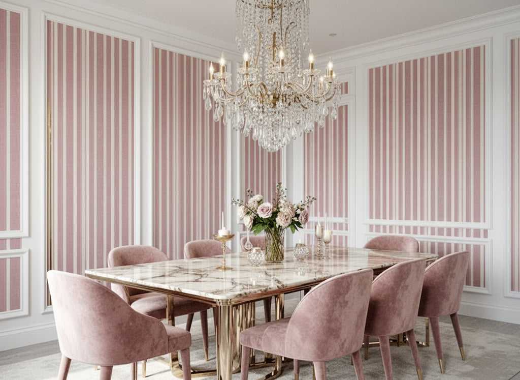 Cream and Rose Vertical Stripe Wallpaper, Neoclassical Seamless Pattern, Elegant Nursery Decor, Luxury Removable Paper