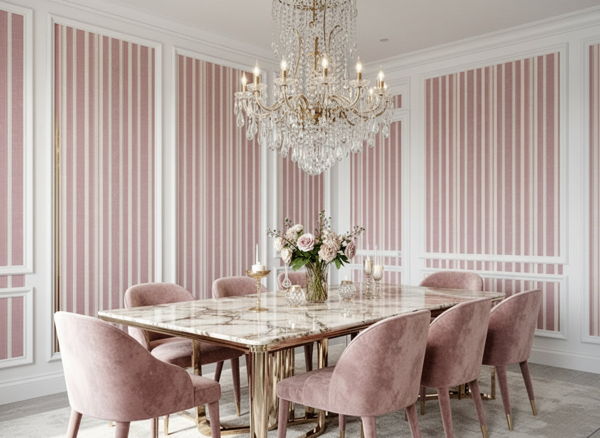 Cream and Rose Vertical Stripe Wallpaper, Neoclassical Seamless Pattern, Elegant Nursery Decor, Luxury Removable Paper