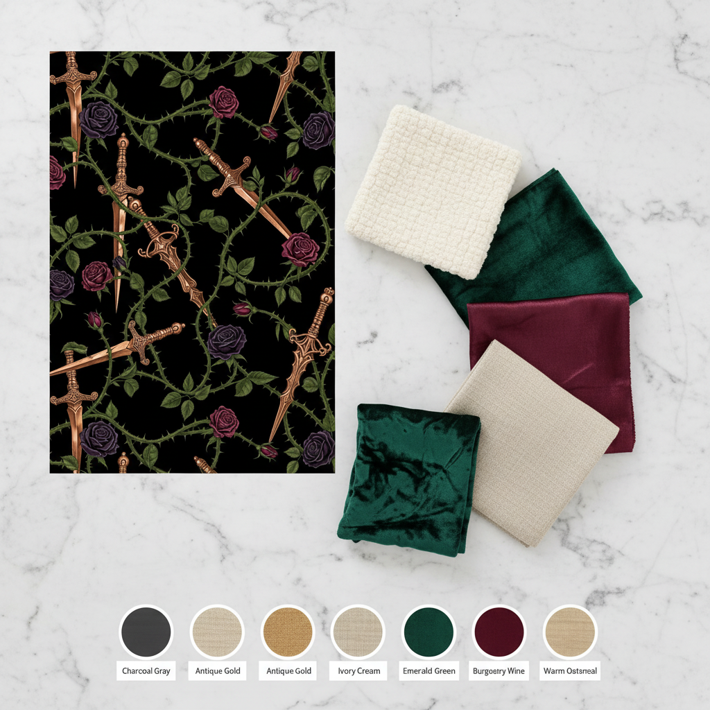 Gothic Botanical Wallpaper, Dark Green Thorn Vine Pattern, Copper Metallic Seamless Design, Manor House Decor, Gothic Wall Art