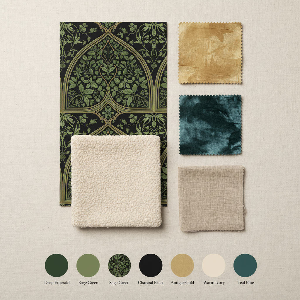 Gothic Arch Wallpaper, Green Trefoil Pattern, Medieval Botanical Design, Luxury Dark Green Wall Decor, Art Deco Elements