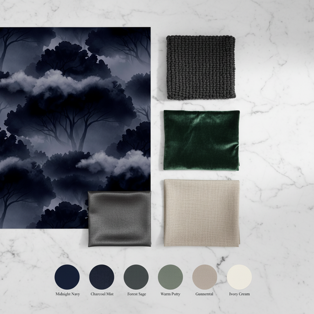 Stormy Woodland Wallpaper, Abstract Navy Blue Forest Pattern, Painterly Tree Design, Dark Moody Home Decor Wall Art
