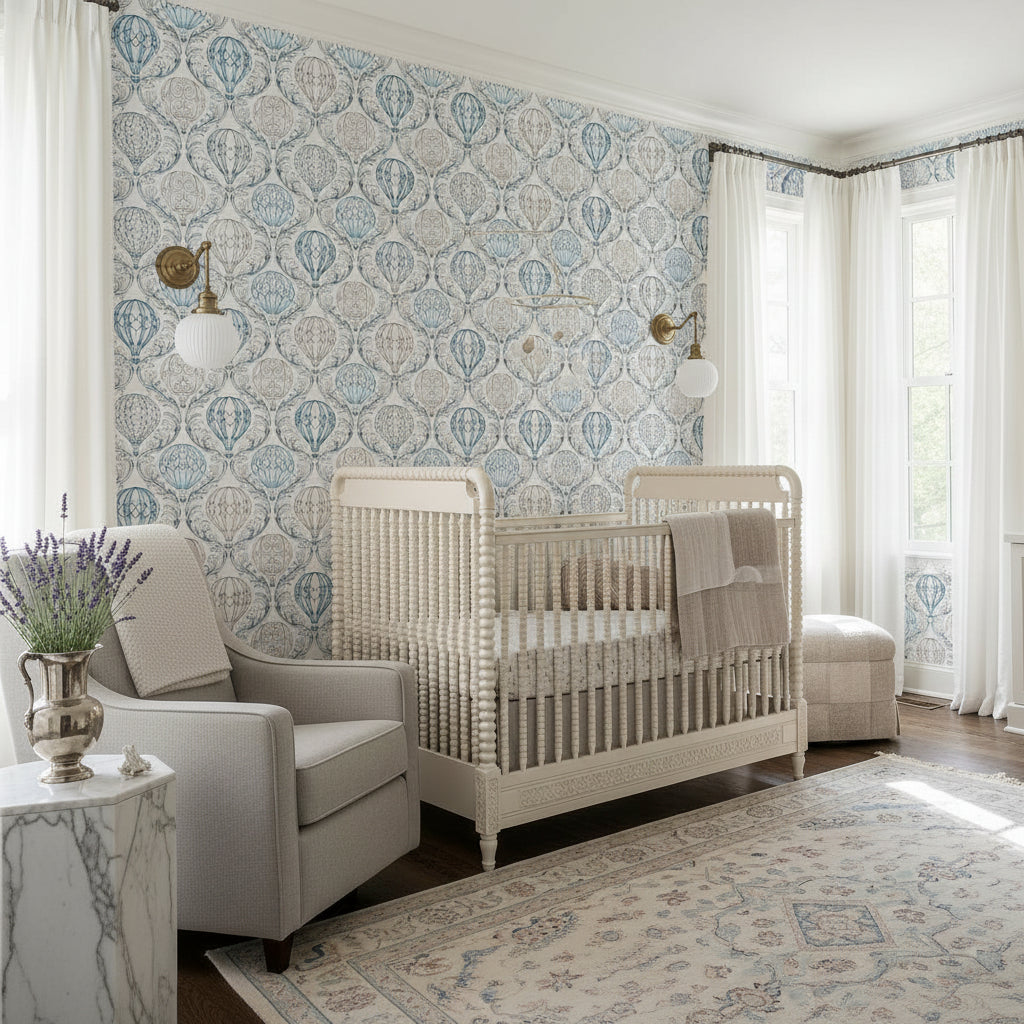Damask Hot Air Balloon Wallpaper, Ornate Blue Pattern, Luxury Nursery Decor, Baroque Cloud Design, Premium Wall Art