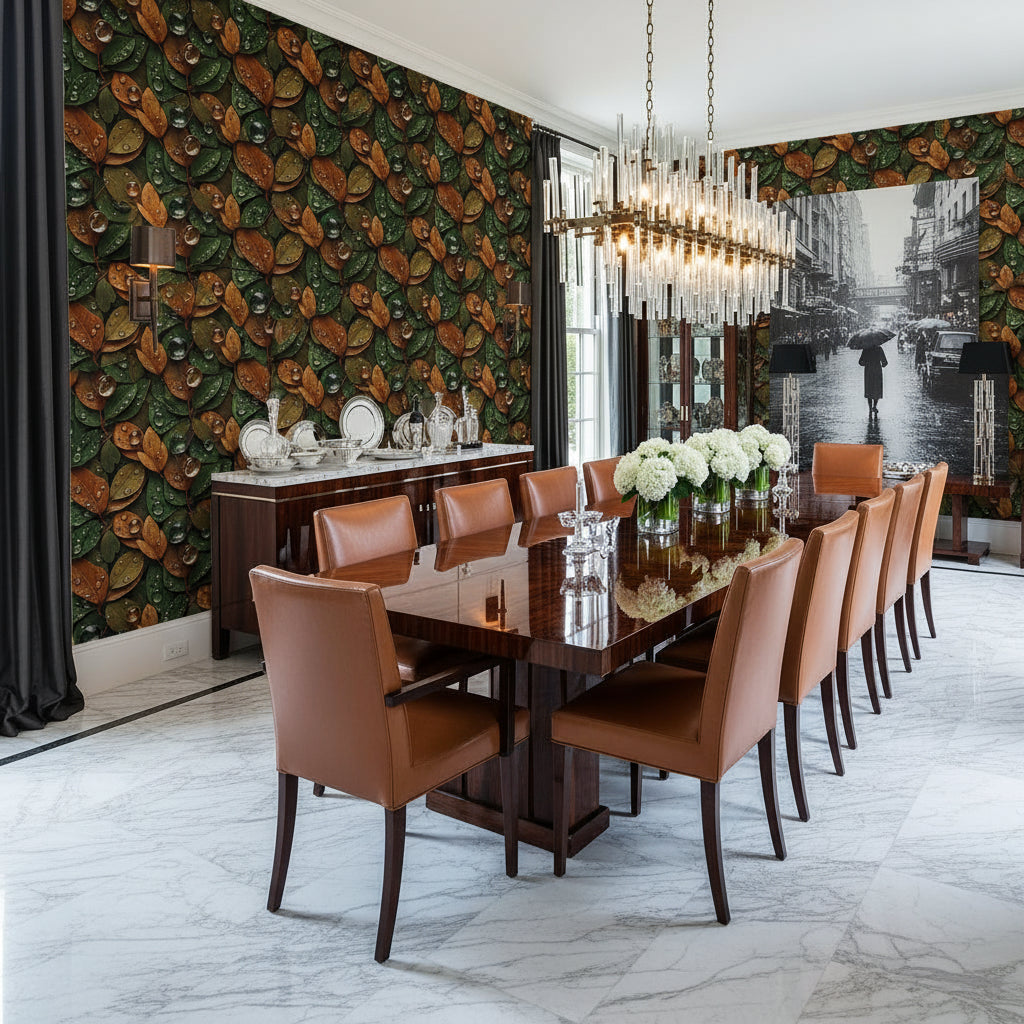 Forest Green Rain Leaf Wallpaper, Wet Botanical Pattern, Photorealistic Water Drops, Luxury Nature Wall Covering