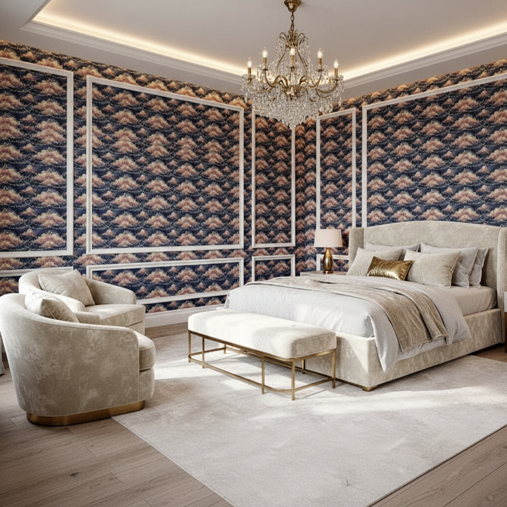Romantic Fairy Light Wallpaper, Deep Navy Celestial Pattern, Soft Rose Clouds and Gold Stars, Luxury Bedroom Wall Decor, Seamless Print