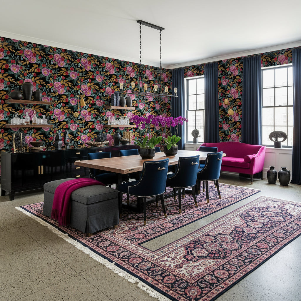 Moody Floral Luxury Wallpaper, Dark Botanical Pattern, Magenta Peony Design, Victorian Romance Home Decor Art