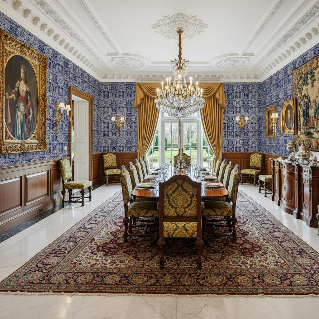 Baroque Castle Rose Wallpaper, Navy Blue Silver Floral Pattern, Renaissance Luxury Design, Royal Home Decor, Premium Wall Art