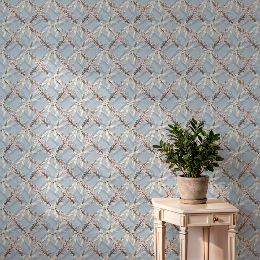 Powder Blue Chinoiserie Wallpaper, Ivory Silk Bow Pattern, Realistic Cherry Blossom Wall Art, Luxury Oriental Style, Elegant Nursery Decor