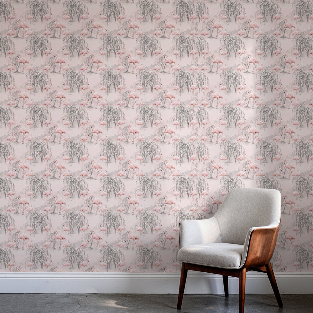 Rose Quartz Flamingo Wallpaper, Chinoiserie Pink Pattern, Luxury Bird Wall Art, Realistic Silk Texture, Elegant Nursery Wallpaper