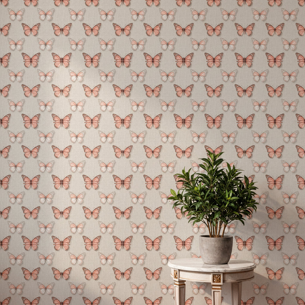 Salmon Pink Butterfly Wallpaper, Realistic Toile Pattern, Luxury Linen Texture, Whimsical Nature Wall Art, Soft Pink Peel and Stick