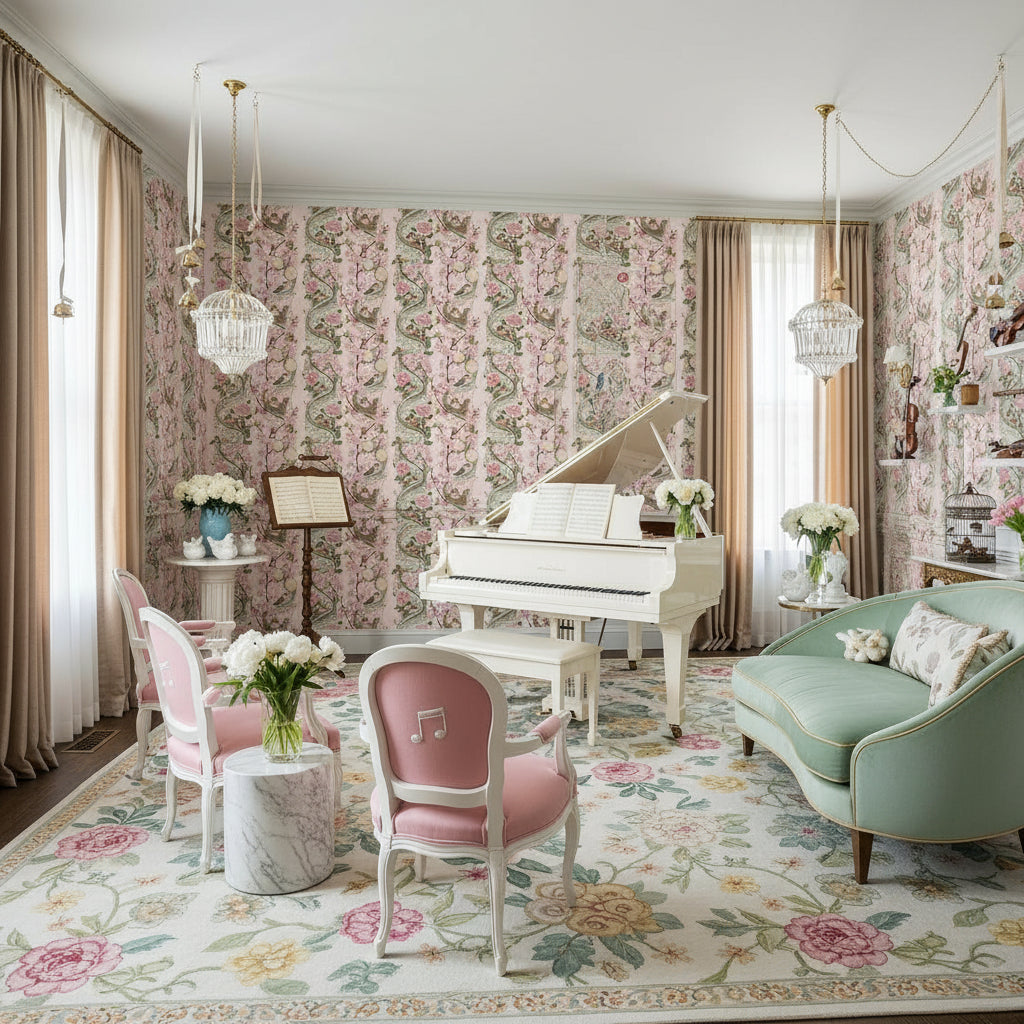 Songbird Music Wallpaper, Baby Animals Cherry Blossom Pattern, Pink Green Nursery Decor, Kids Room Art Nouveau Wall Art