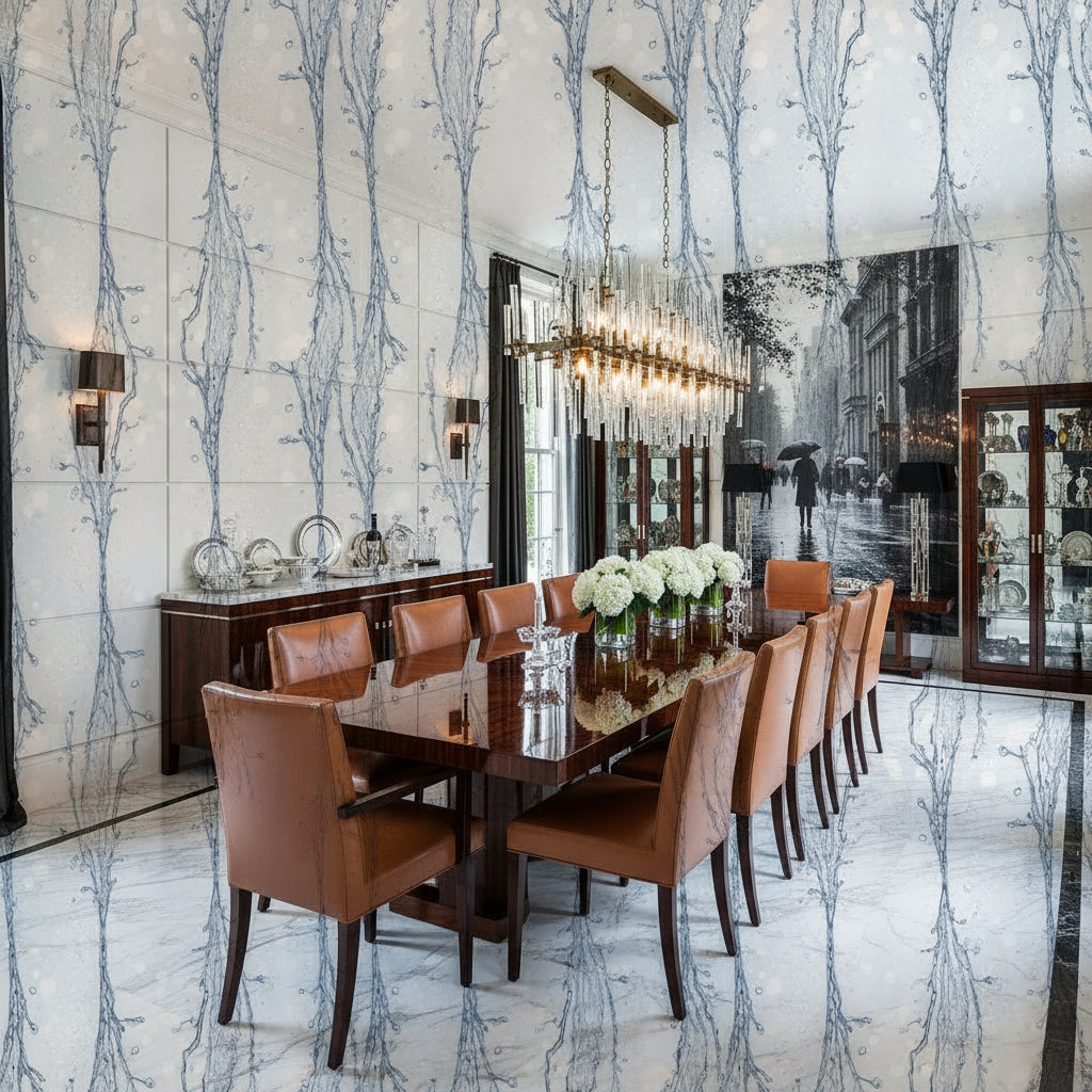 Steel Blue Rain Stream Wallpaper, Frosted Glass Water Pattern, Vertical Flow Design, Contemporary Peel Stick Decor