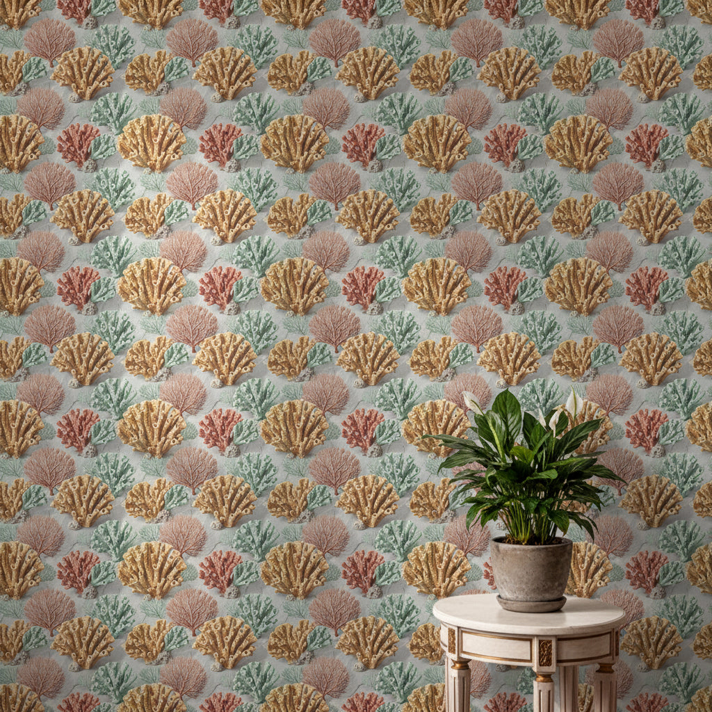 Terracotta Coral Wallpaper, Realistic Reef Wall Decor, Luxury Earth Tone Nursery, Coastal Abstract Pattern, Seafoam Green Peel and Stick Art