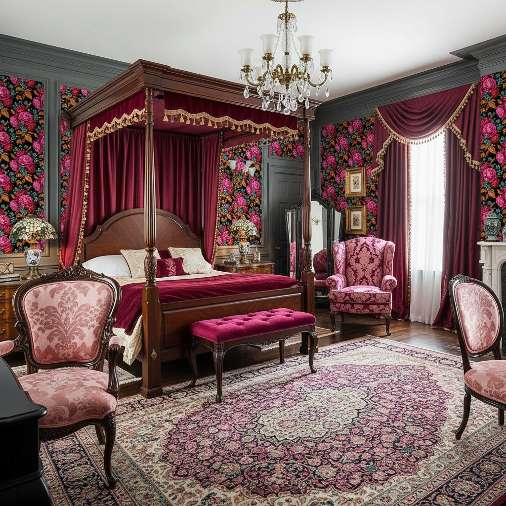 Victorian Dark Botanical Wallpaper, Dramatic Floral Pattern, Burgundy Rose Design, Moody Luxury Home Decor Art