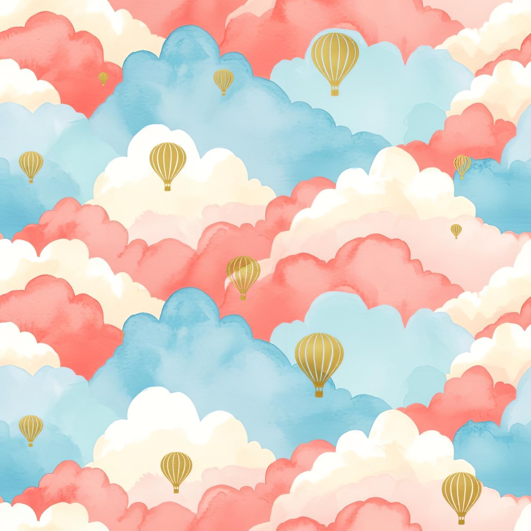 Watercolor Hot Air Balloon Wallpaper, Abstract Cloud Pattern, Baby Blue Nursery Art, Dreamy Kids Room Wall Decor