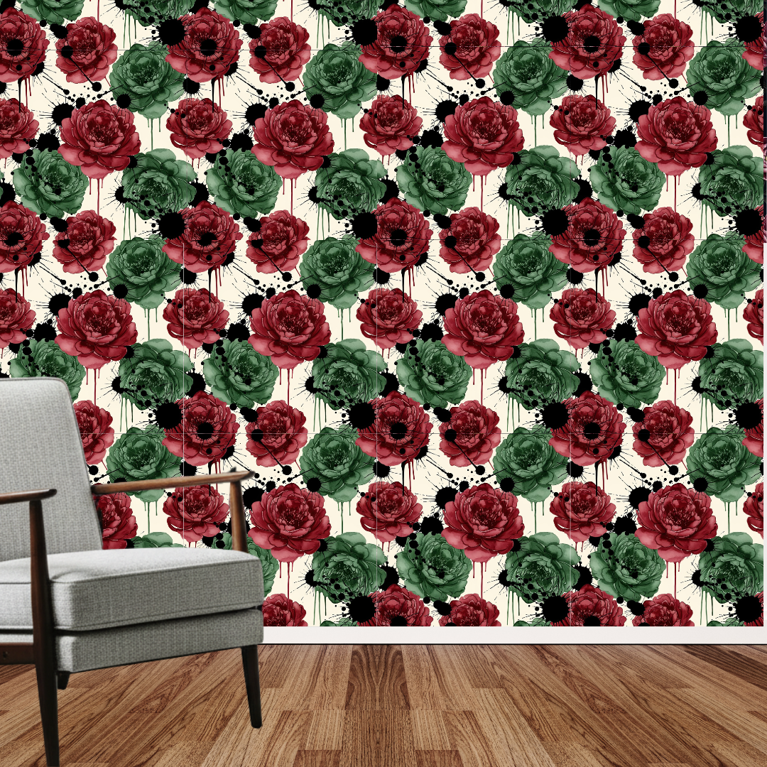Wine Red Abstract Peony Wallpaper, Watercolor Floral Pattern, Contemporary Art Design, Modern Luxury Home Decor Wall Art