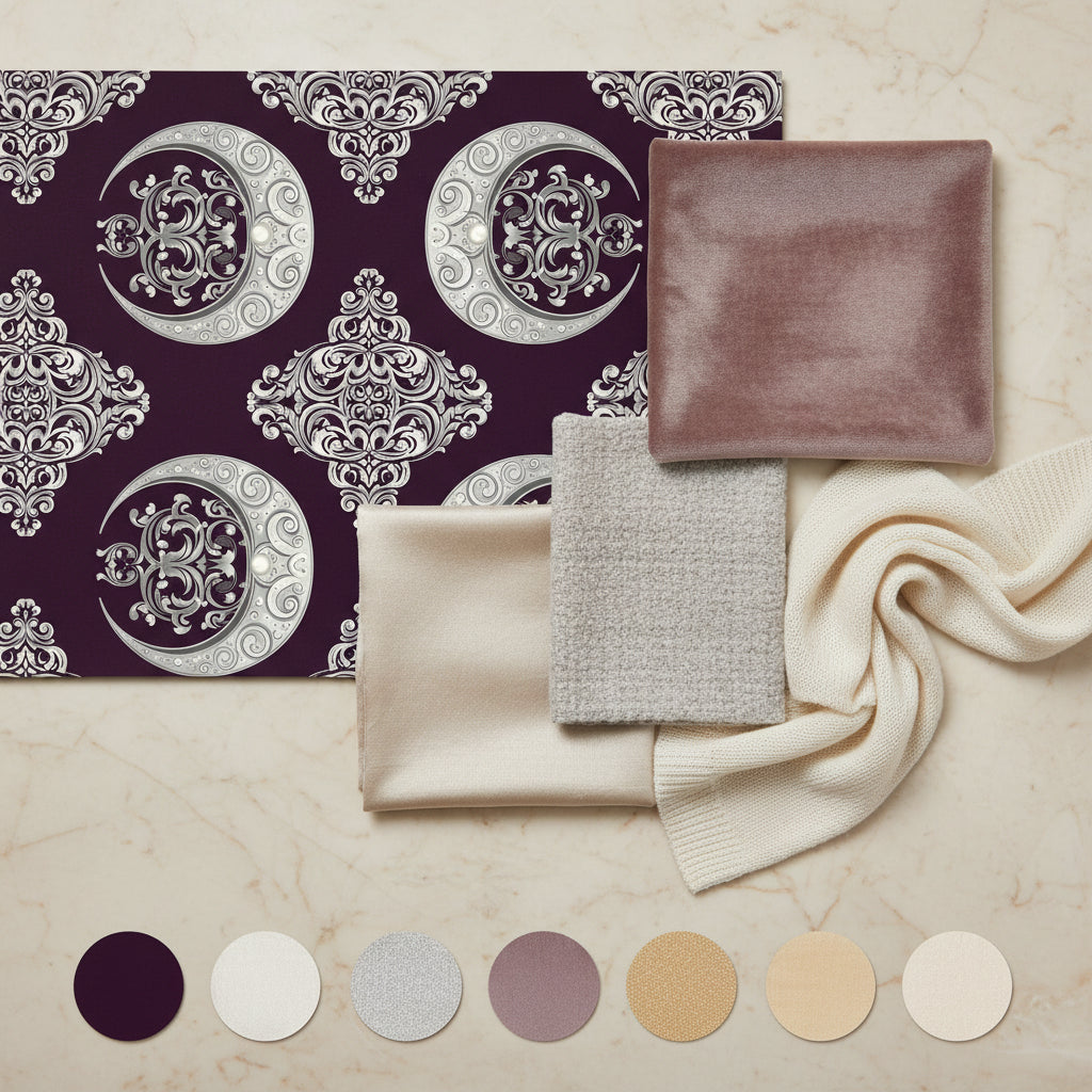 Baroque Moon Damask Wallpaper, Purple Silver Classical Pattern, Luxury Peel Stick, Elegant Home Decor Wall Art