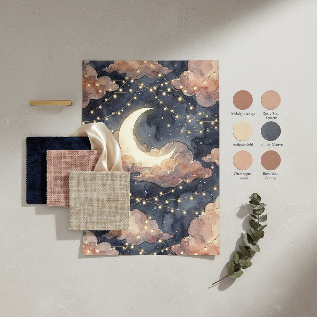 Whimsical Celestial Moon Wallpaper, Navy Blue and Gold Starry Night, Dusty Rose Clouds, Luxury Watercolor Seamless Pattern, Nursery Decor