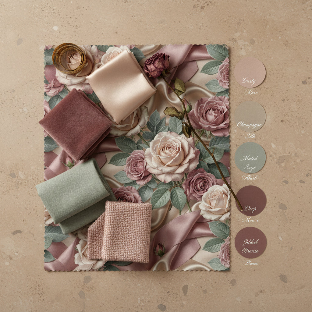 Champagne Silk Bow Wallpaper, Dusty Rose Floral Seamless Pattern, Luxury Botanical Wall Decor, Realistic Fabric Texture Peel and Stick
