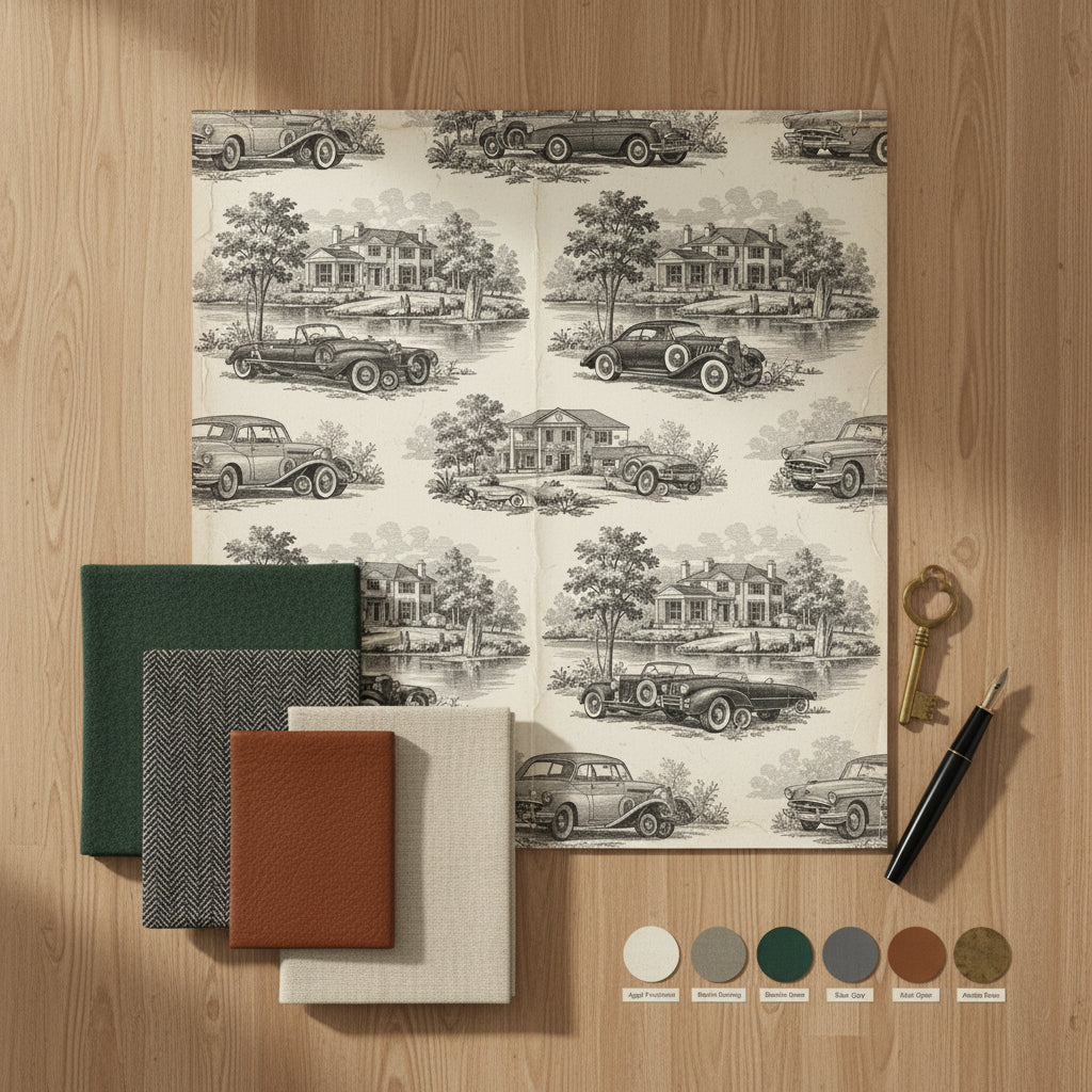 Vintage Car Toile Wallpaper, Charcoal and Cream Seamless Pattern, Luxury Classic Roadster Wall Decor, High End Realistic Peel and Stick