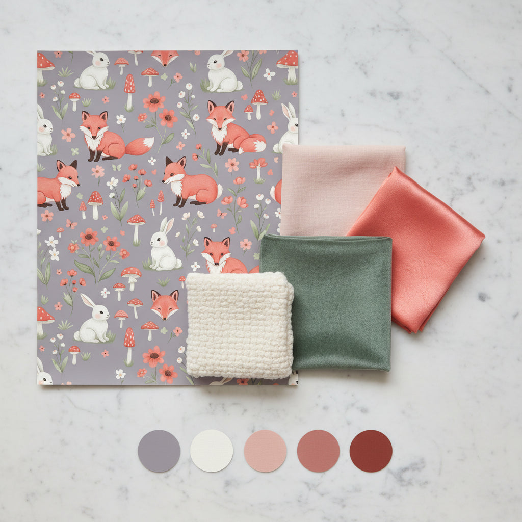 Coral Woodland Animals Wallpaper, Whimsical Fox Rabbit Pattern, Storybook Nursery Decor, Kids Room Wall Art, Cute Forest
