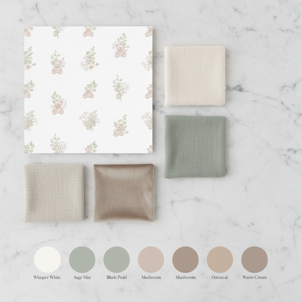 Blush Pink Teddy Bear Wallpaper, Botanical Nursery Pattern, Cream Baby Room Decor, Soft Neutral Seamless Design