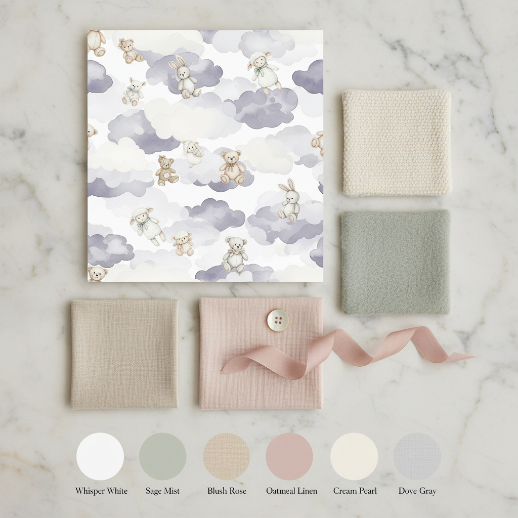 Lavender Cloud Nursery Wallpaper, Stuffed Animal Pattern, Watercolor Baby Decor, Soft Neutral Seamless Design