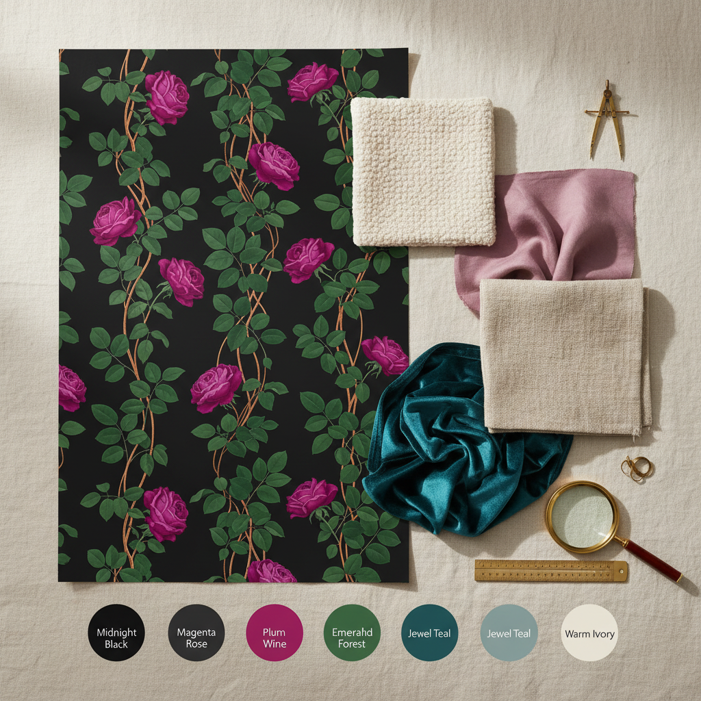 Art Nouveau Rose Wallpaper, Emerald Green Floral Vine, Dark Botanical Pattern, Luxury Removable Wallpaper, Maximalist Decor