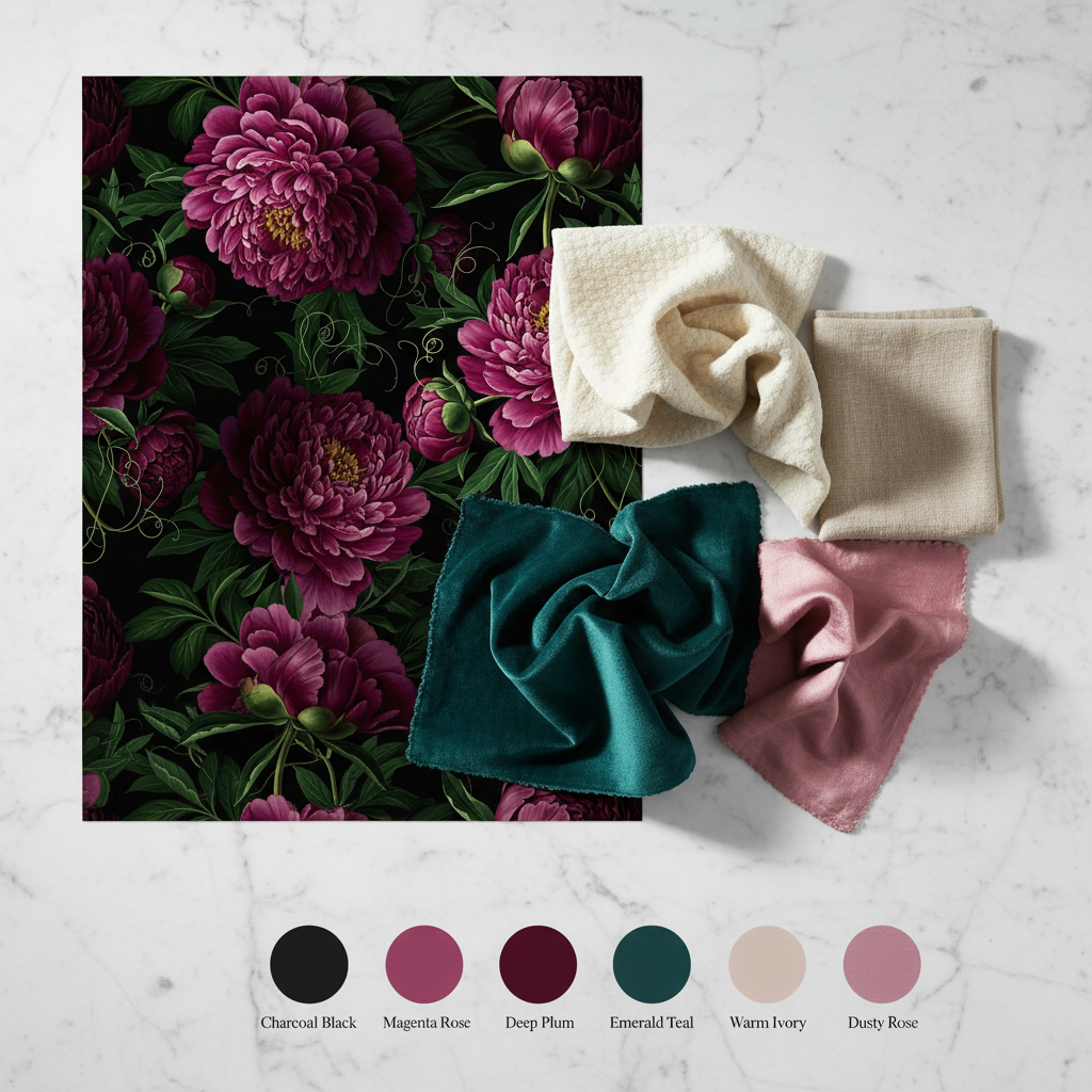 Dark Romantic Peony Wallpaper, Magenta Floral Pattern, Baroque Style Removable Wallpaper, Luxury Home Decor, Moody Maximalist