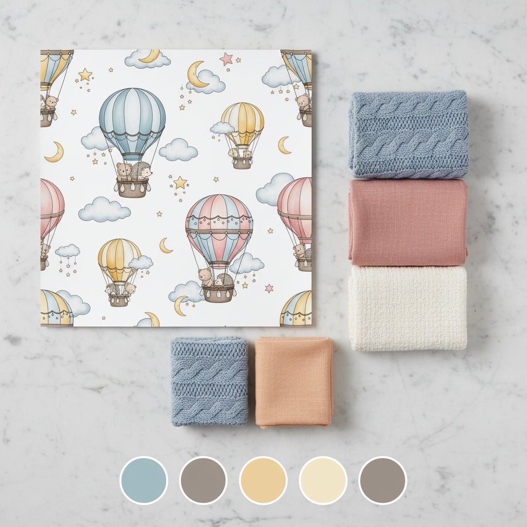 Dreamy Hot Air Balloon Wallpaper, Bear Hedgehog Sky Pattern, Nursery Cloud Decor, Kids Room Wall Art, Whimsical Animals