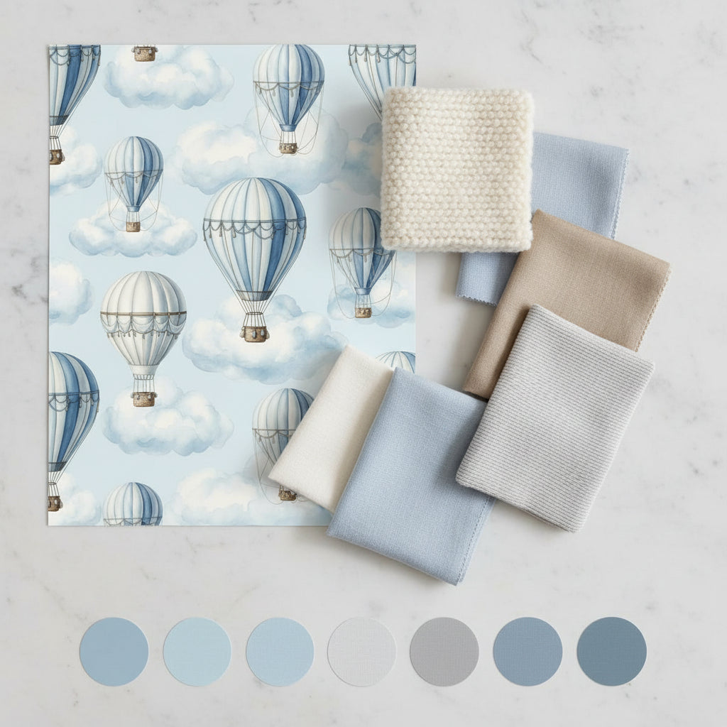 Watercolor Hot Air Balloon Wallpaper, Sky Blue Dreamy Pattern, Nursery Wall Decor, Peel Stick, Cloud Design Home Art