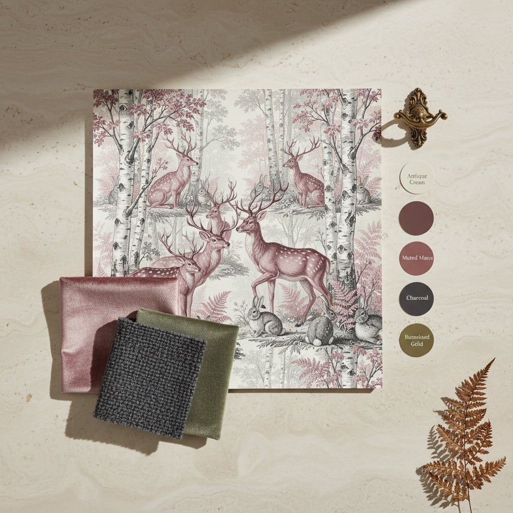 Dusty Rose Woodland Toile Wallpaper, Realistic Stag and Rabbit Seamless Pattern, Luxury Dreamy Forest Wall Art, Vintage Nature Decor