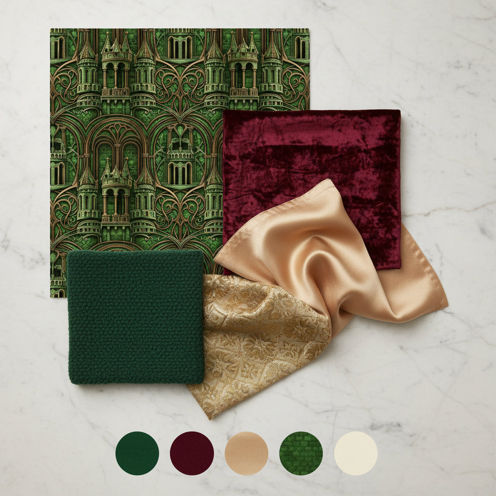 Art Nouveau Castle Tower Wallpaper, Emerald Green Bronze Pattern, Architectural Luxury Design, Modern Medieval Home Decor
