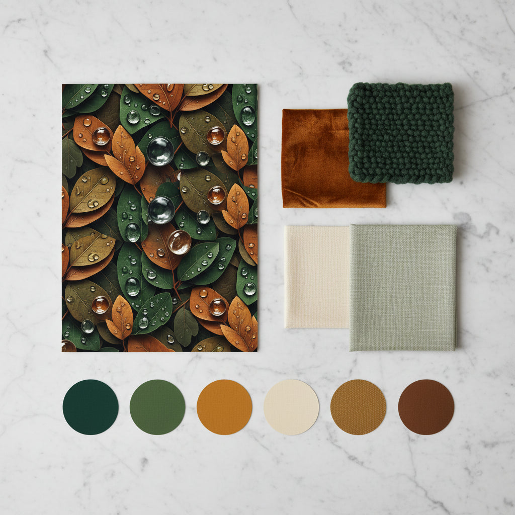 Forest Green Rain Leaf Wallpaper, Wet Botanical Pattern, Photorealistic Water Drops, Luxury Nature Wall Covering