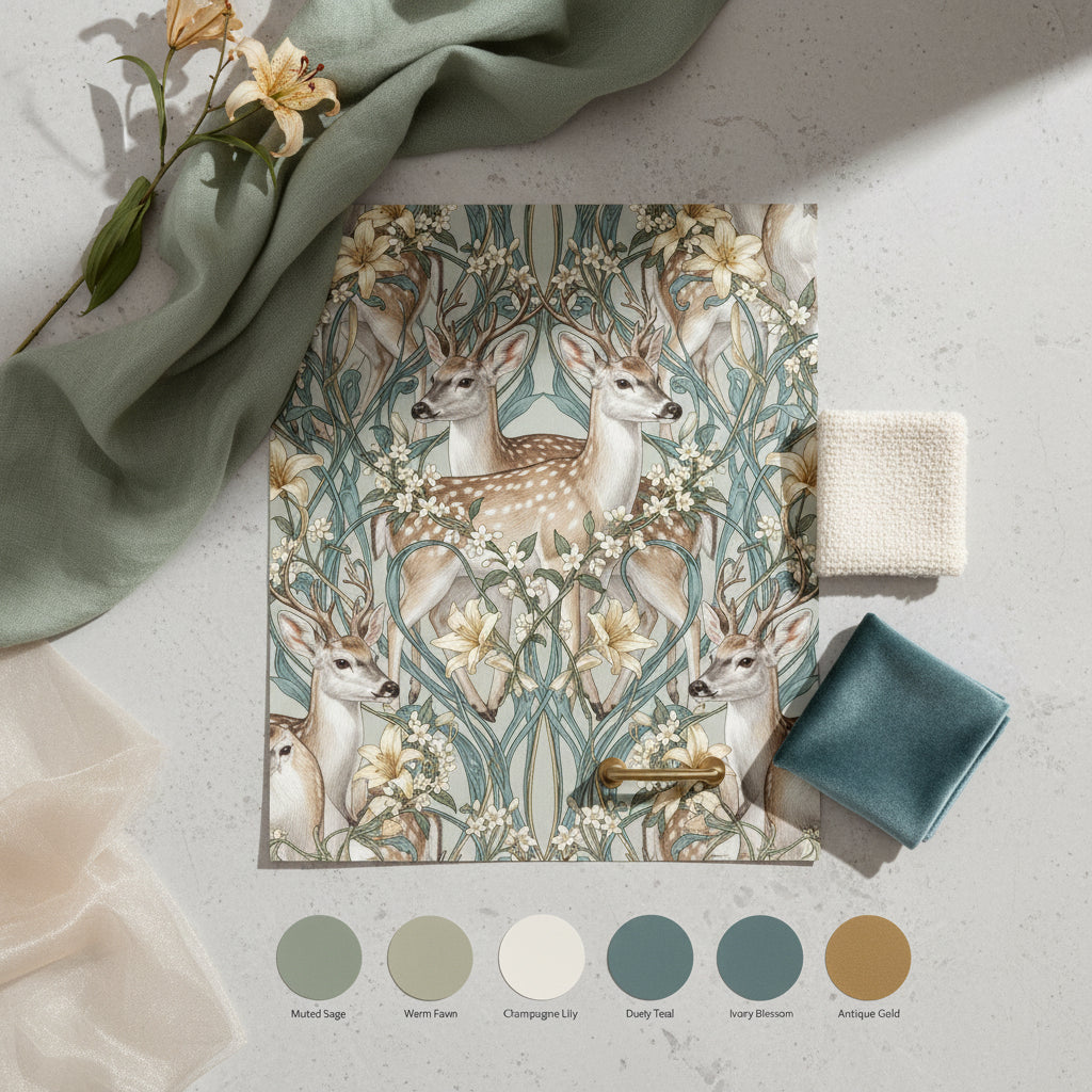 Gold Jasmine Deer Art Nouveau Wallpaper, Realistic Botanical Wildlife Pattern, Luxury Teal and Gold Wall Decor, Dreamy Floral Mural