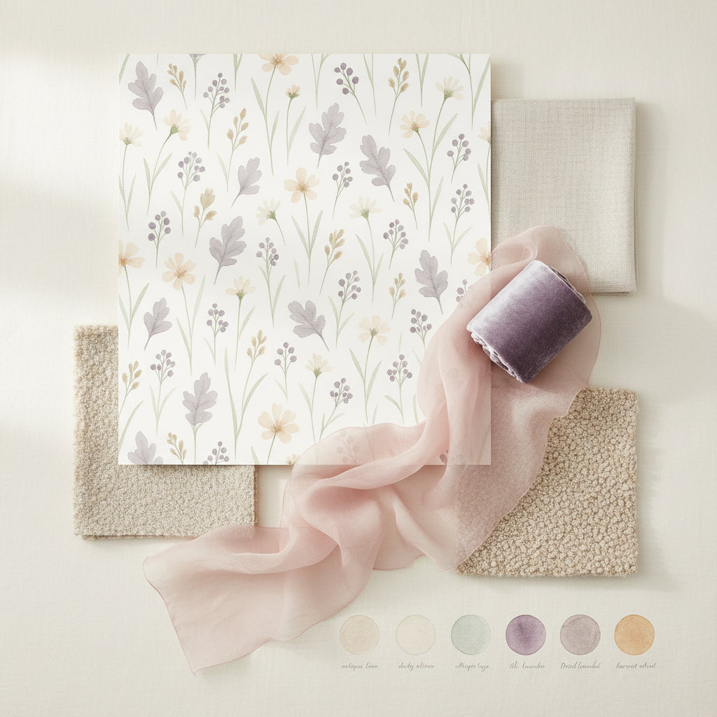 Botanical Meadow Wallpaper, Sage Grass Stems Floral Print, Watercolor Peel and Stick, Scandinavian Style Bedroom Wall