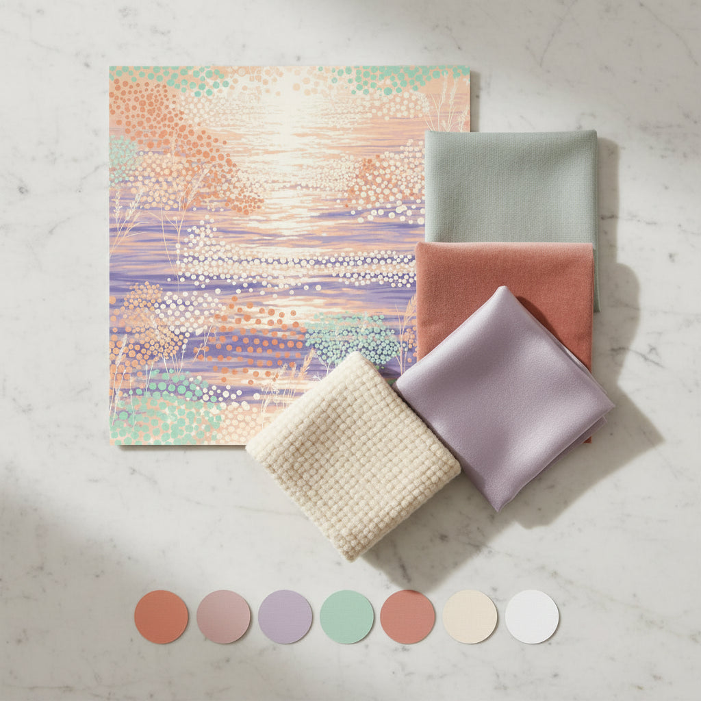 Impressionist Dot Wallpaper, Peach Lavender Beach Pattern, Mint Green Coastal Grass, Soft Tropical Wall Art Decor