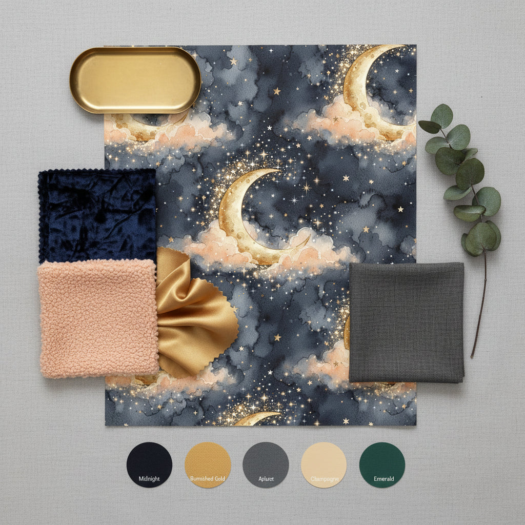 Crescent Moon Watercolor Wallpaper, Dreamy Indigo and Peach Night Sky, Whimsical Starry Pattern, High End Home Decor, Realistic Texture