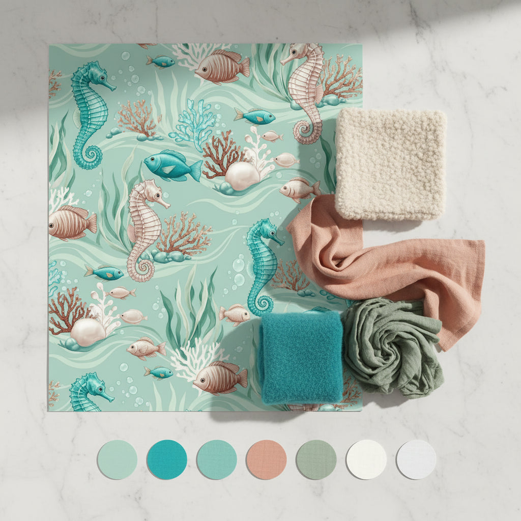 Underwater Seahorse Wallpaper, Ocean Fish Pattern, Aqua Marine Nursery Decor, Kids Room Wall Art, Cute Sea Animals