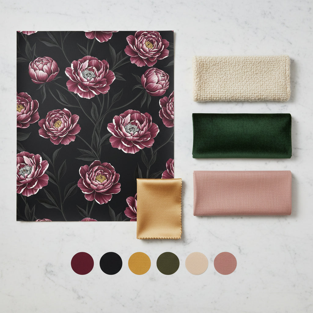 Dark Burgundy Peony Wallpaper, Navy Floral Pattern, Large Scale Botanical Design, Luxury Peel Stick, Dramatic Home Decor