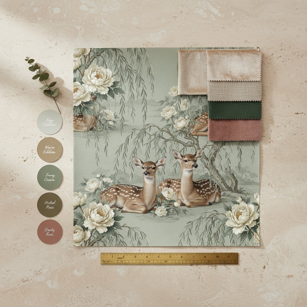 Misty Sage Fawn Chinoiserie Wallpaper, Realistic Deer and Peony Seamless Pattern, Luxury Dreamy Wildlife Mural, Soft Green Nursery Decor
