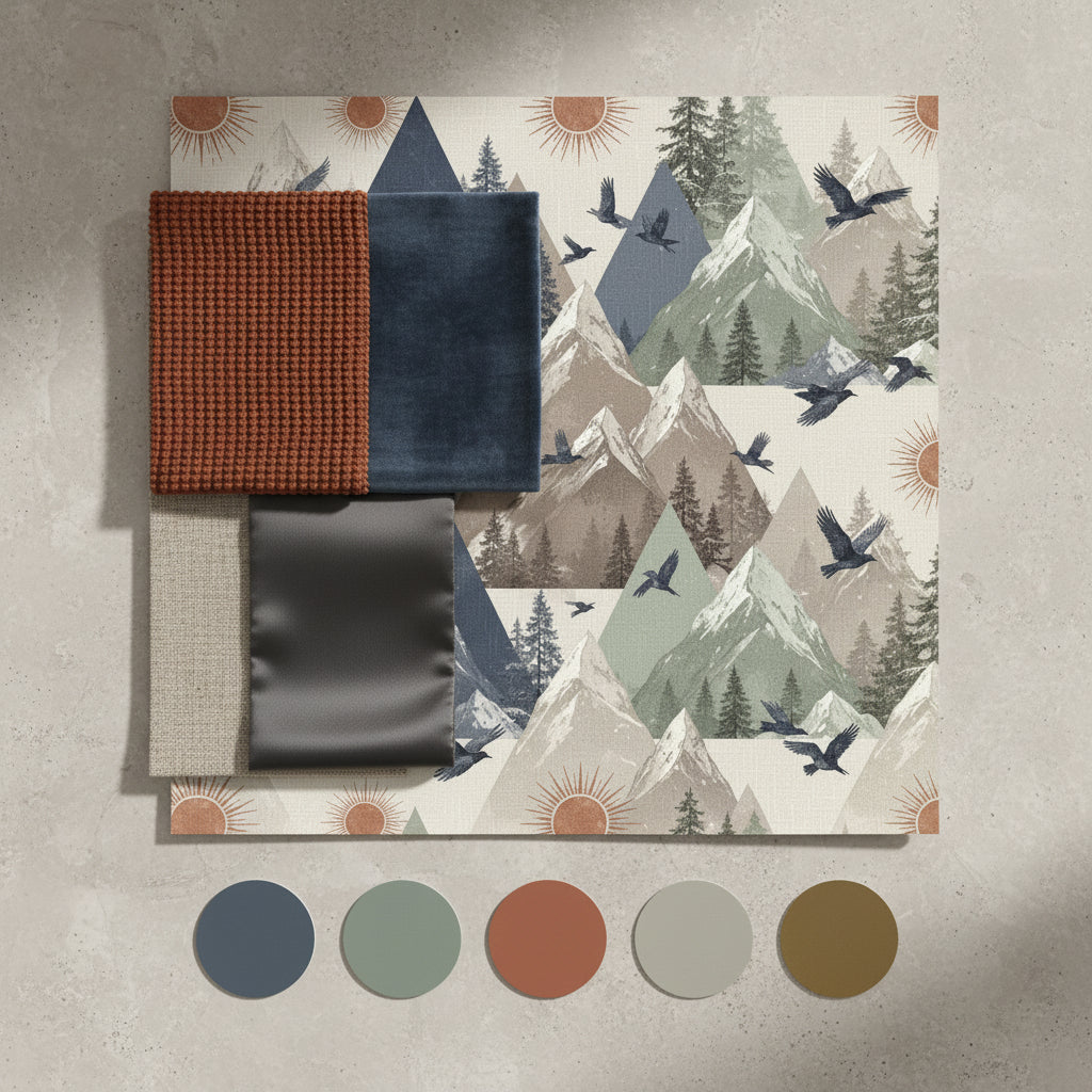 Scandinavian Mountain Wallpaper, Nordic Nursery Wall Mural, Slate Blue and Sage Green Seamless Pattern, Modern Kids Room Decor
