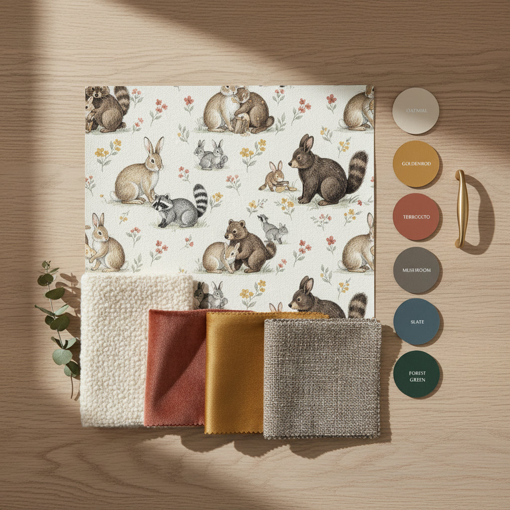 Whimsical Woodland Creatures Wallpaper, Vintage Storybook Illustration, Sage and Mustard Nursery Decor, Luxury Seamless Tile, Designer Wall Art