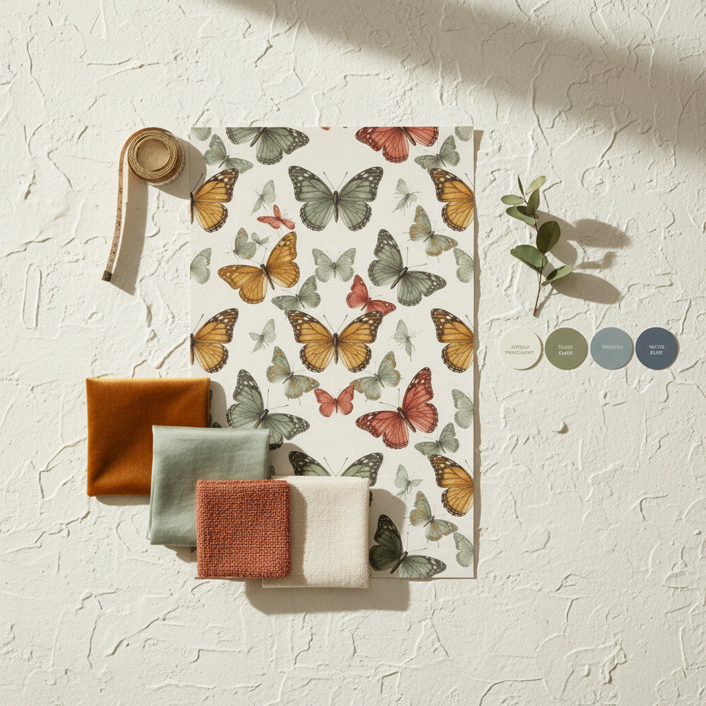 Vintage Lepidoptera Wallpaper, Terracotta and Mustard Butterfly Decor, Cream Seamless Pattern, Professional Grade Wall Covering