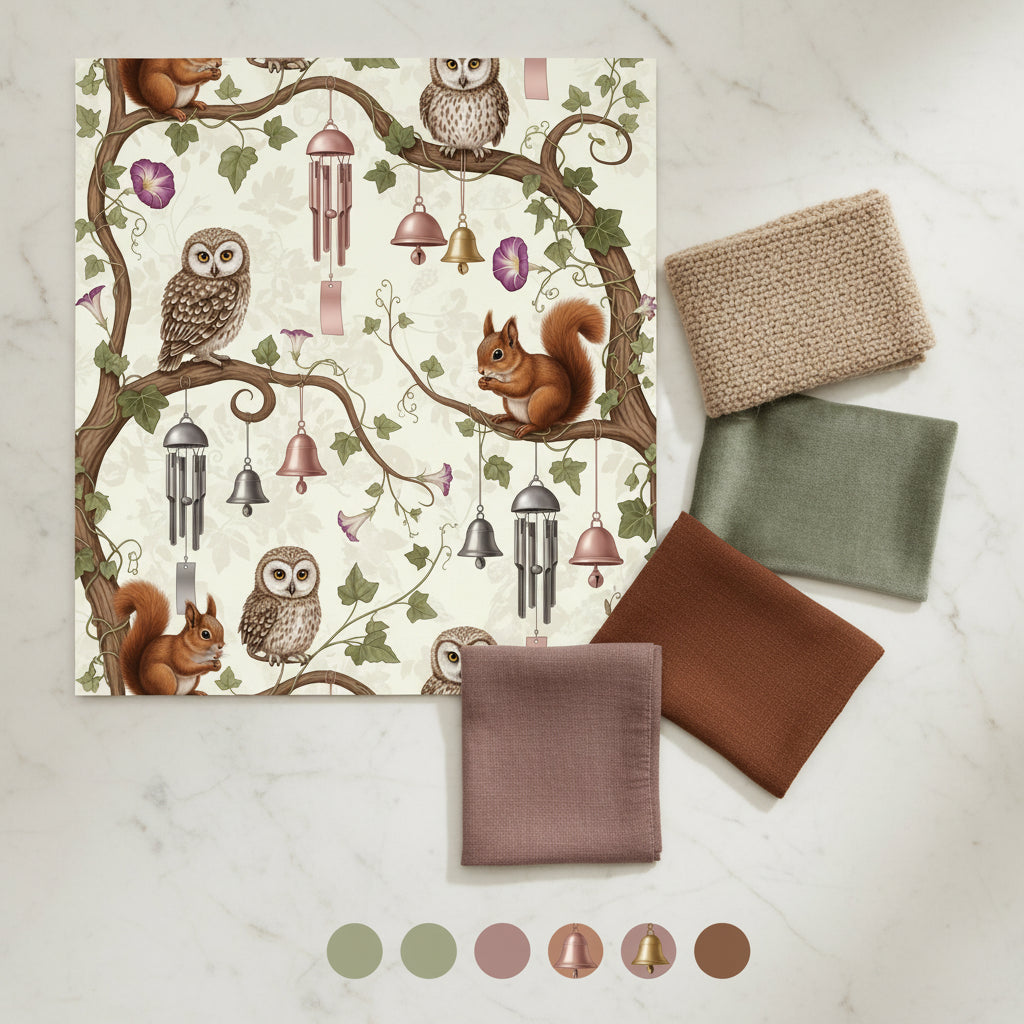 Owl Branch Music Wallpaper, Baby Animals Nursery Pattern, Rose Gray Woodland Decor, Kids Room Peel and Stick Wall Art