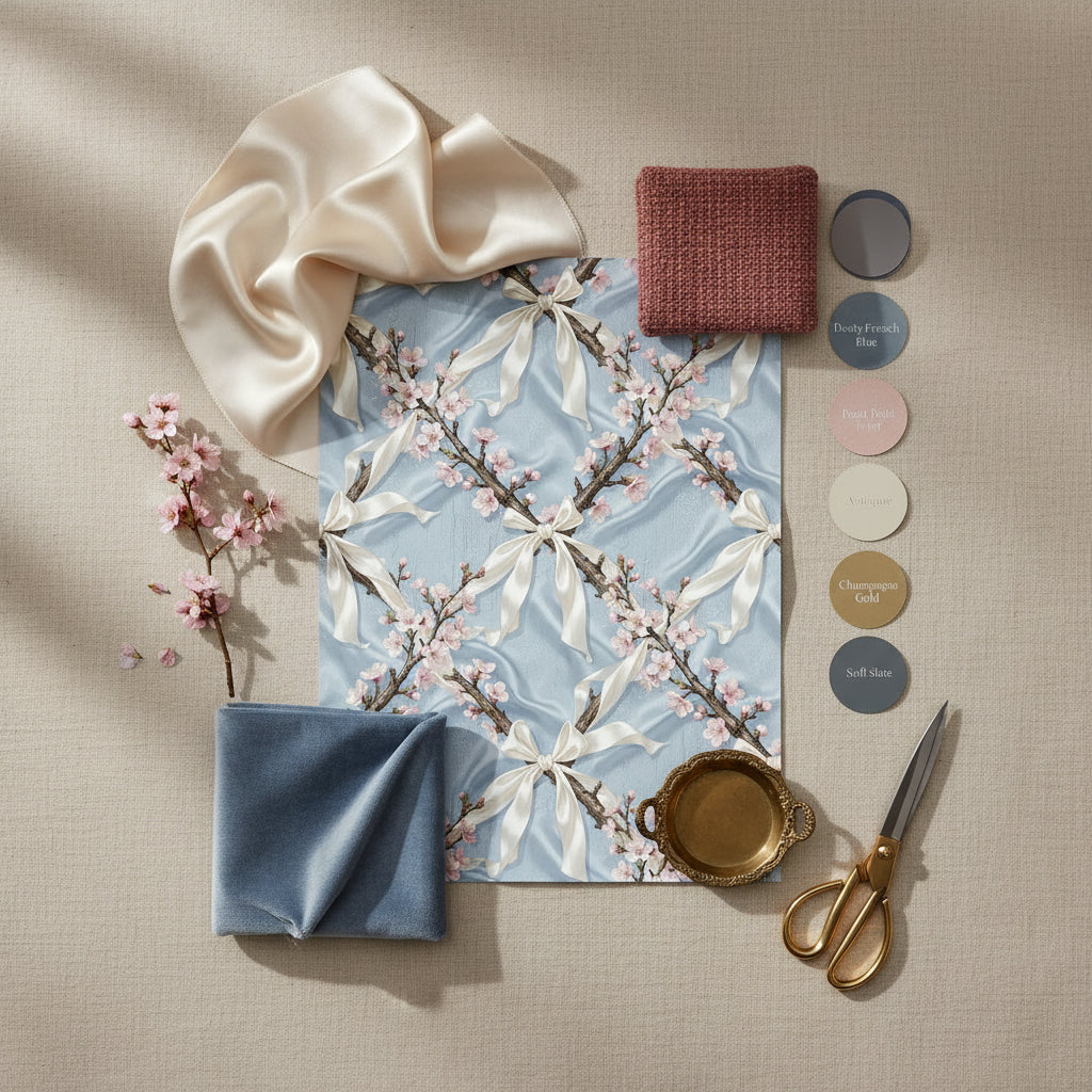 Powder Blue Chinoiserie Wallpaper, Ivory Silk Bow Pattern, Realistic Cherry Blossom Wall Art, Luxury Oriental Style, Elegant Nursery Decor
