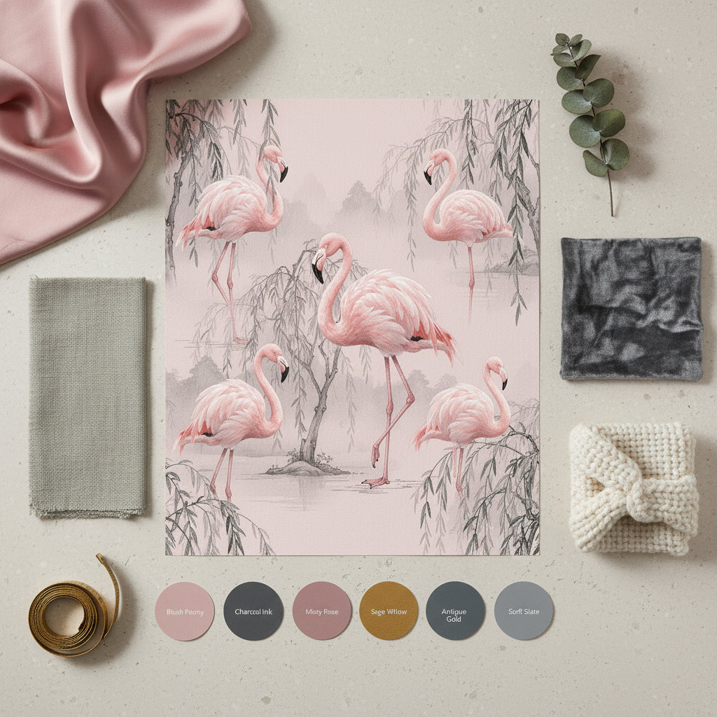 Rose Quartz Flamingo Wallpaper, Chinoiserie Pink Pattern, Luxury Bird Wall Art, Realistic Silk Texture, Elegant Nursery Wallpaper