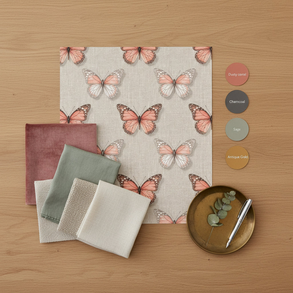 Salmon Pink Butterfly Wallpaper, Realistic Toile Pattern, Luxury Linen Texture, Whimsical Nature Wall Art, Soft Pink Peel and Stick